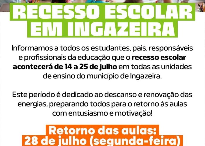 Recesso escolar em Ingazeira começa dia 14 de julho; aulas retornam no dia 28