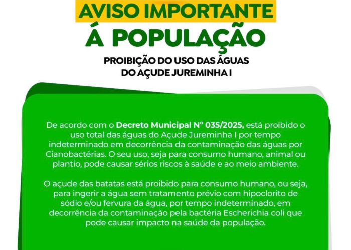 Prefeitura de São José do Egito emite alerta sobre proibição do uso das águas do Açude Jureminha I