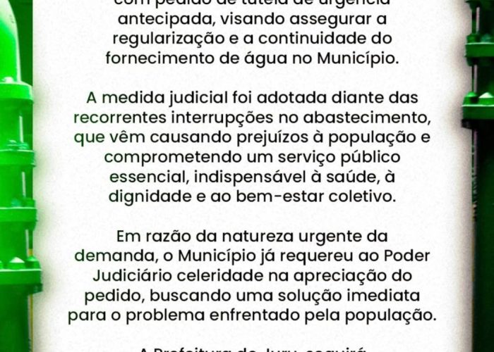 Prefeitura de Juru ingressa com Ação Civil Pública para garantir abastecimento de água