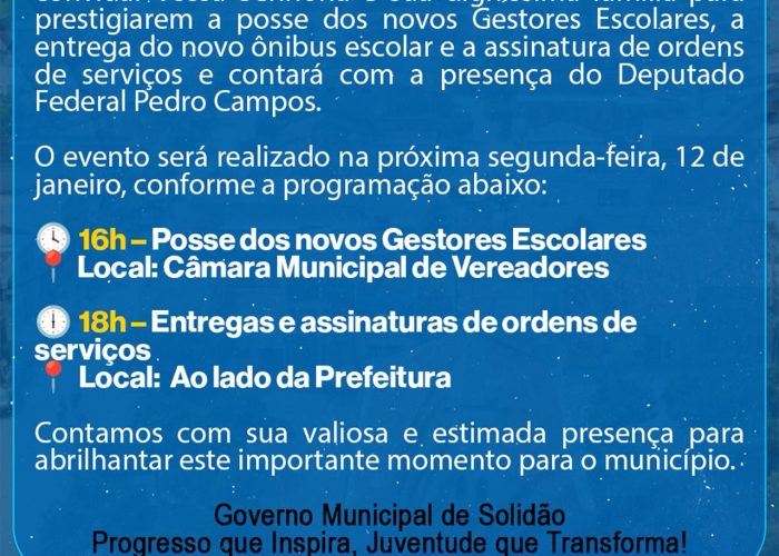 Prefeitura de Solidão realiza posse de gestores escolares, entrega de ônibus e assinatura de ordens de serviços nesta segunda (12)