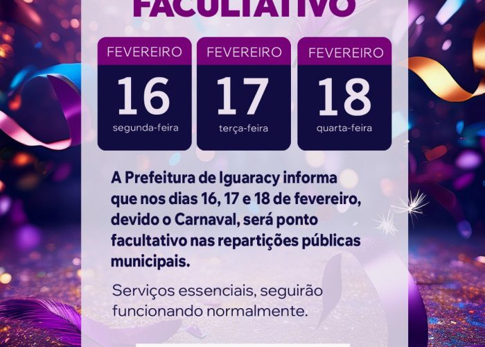 Prefeitura de Iguaracy decreta ponto facultativo durante o Carnaval 2026