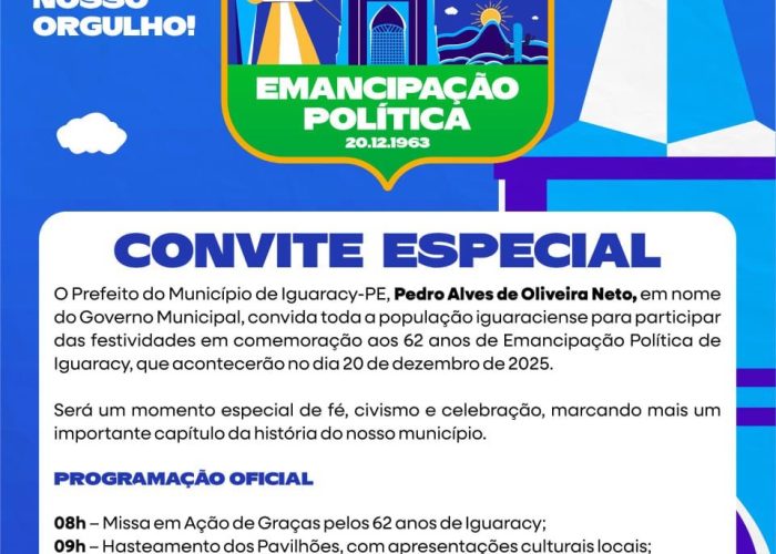 Iguaracy celebra 62 anos de Emancipação Política com programação neste 20 de dezembro